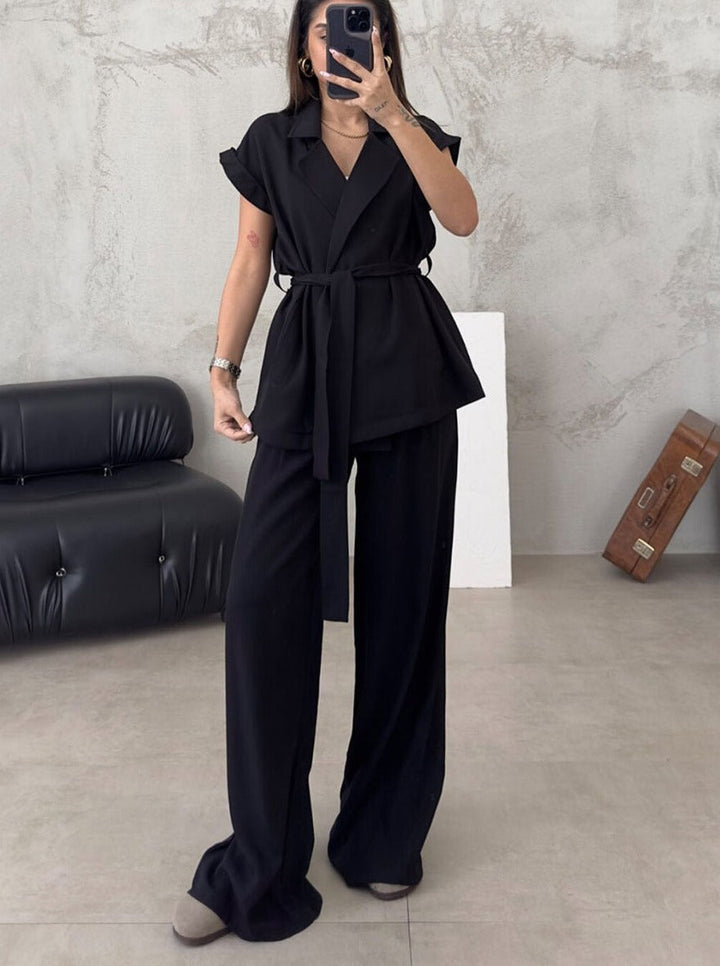 Women's set made of cotton blend with belt and wide legs – summery casual look