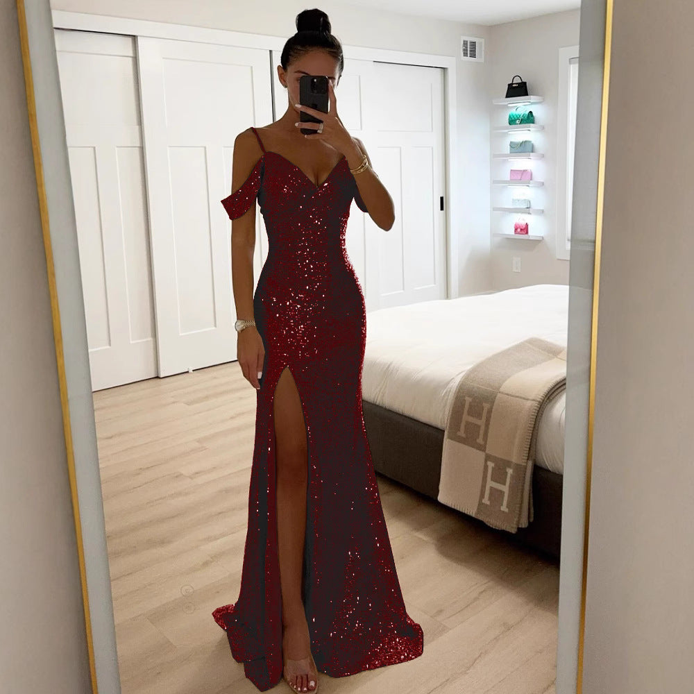 Sequin maxi dress with slit – Elegant summer evening dress