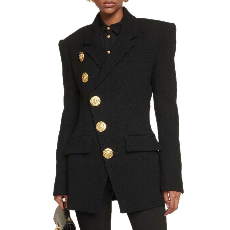 Oversized Damen Blazer mit goldenen Knöpfen – Schulterbetonter Bouclé‑Look