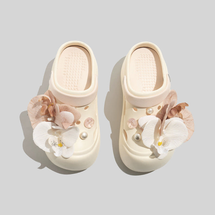 Damen Stilvolle Clogs Mit Floralen Accessoires Und Perlen