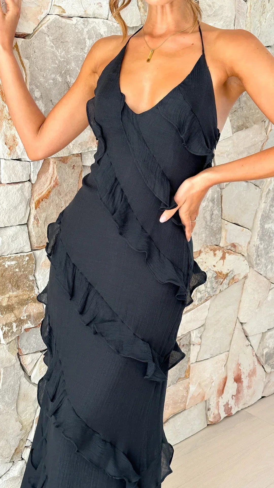 Elegantes Rüschen-Midikleid – Blumenmuster, Leicht, Sommer Chic