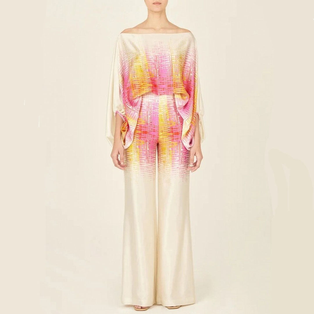 Elegant Women's Two-Piece Satin Set – Off-Shoulder Top & Wide Pants