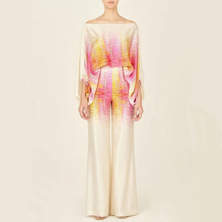 Elegant Women's Two-Piece Satin Set – Off-Shoulder Top & Wide Pants