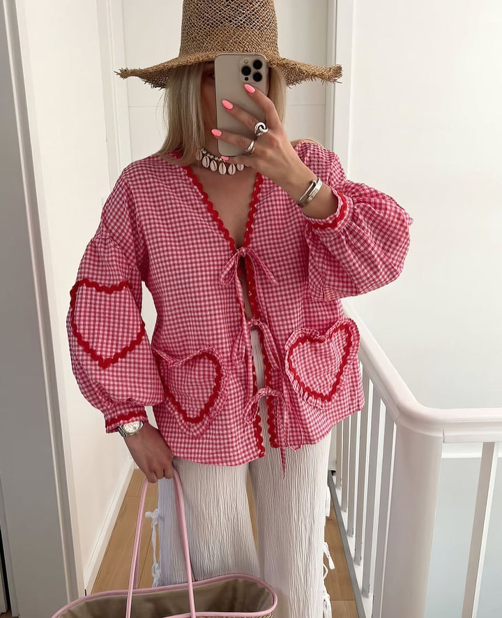 Women's Gingham Blouse – Loose Fit with Ruffles & Bow