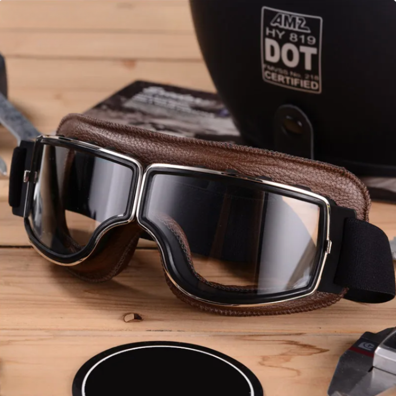 RiderEdge Vintage Leder Motorradbrille – Stilvolle Brille für Motorradfahrer, Schutz vor Wind und Staub 0