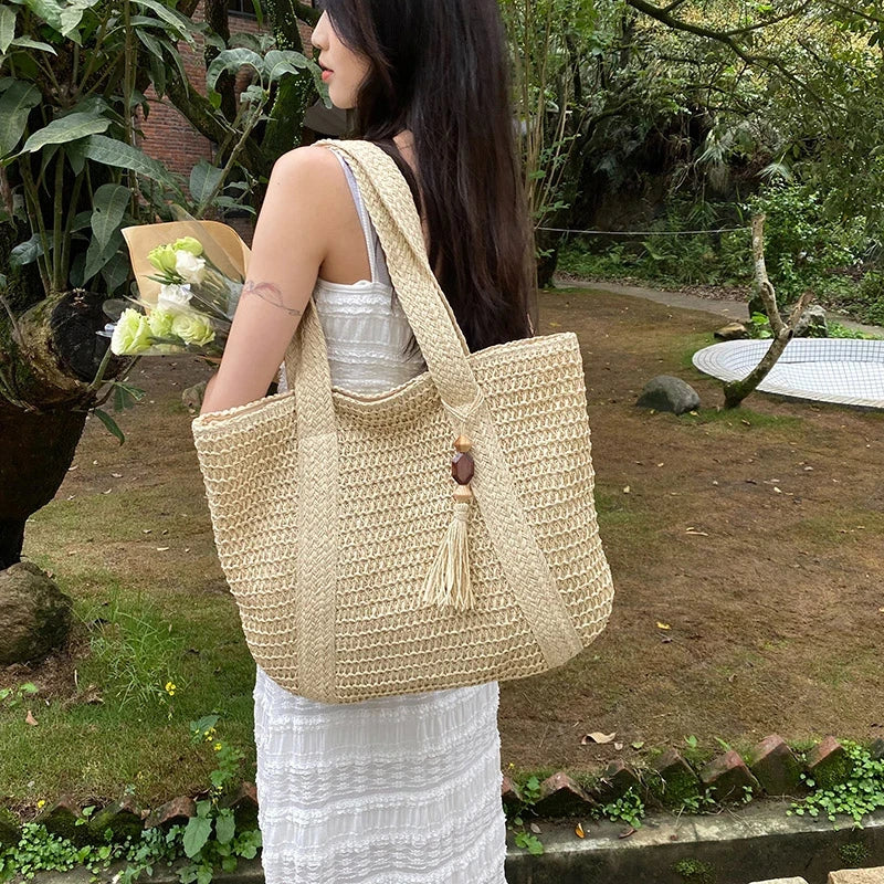Sac de plage boho pour femmes – Shopper tissé à la main avec pompon et fermeture éclair