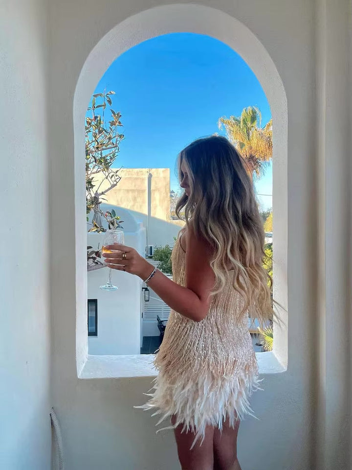 Luxe mini dress with feathers – evening dress for women in white