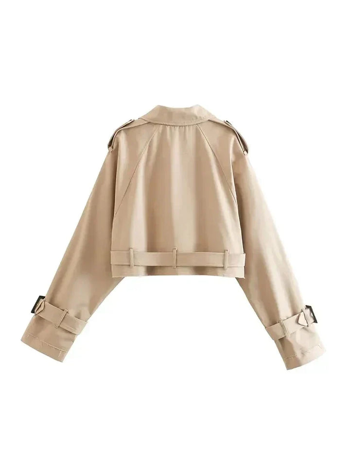 Women's trench coat made of cotton blend with cropped cut and lapel collar