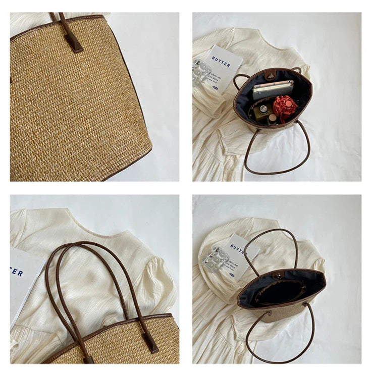 Strohtasche Damen – Handgefertigte Strandtasche mit Ledergriffen & Reißverschluss