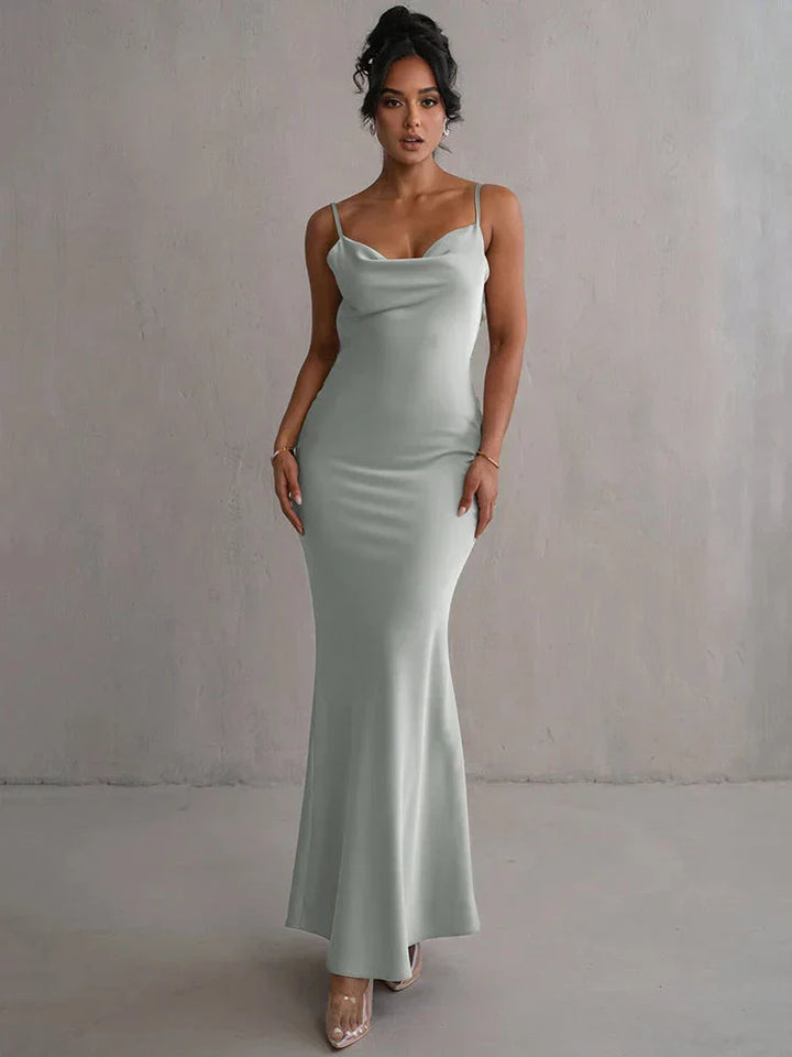 Elegant satin maxi dress with flower patchwork – summer party & evening