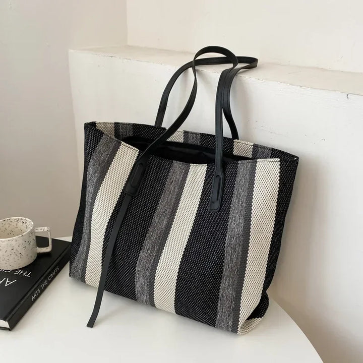 Strohtasche Damen – Große Raffia Strandtasche gestreift mit Reißverschluss