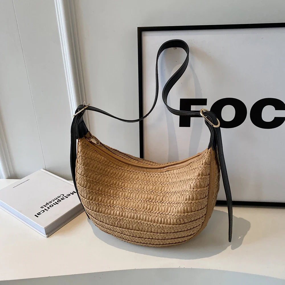 Women's Straw Bag Summer – Handmade Boho Beach Bag with Zipper