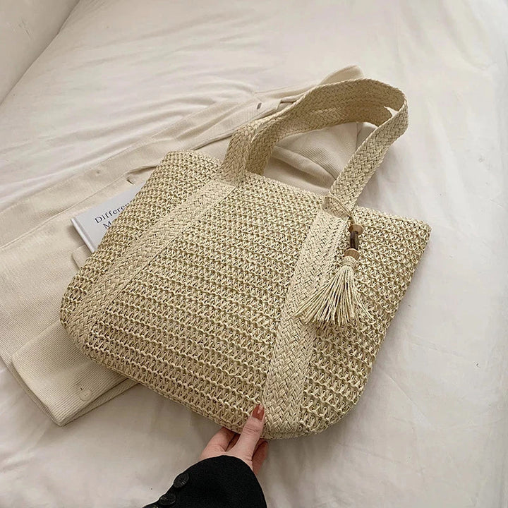 Sac de plage boho pour femmes – Shopper tissé à la main avec pompon et fermeture éclair