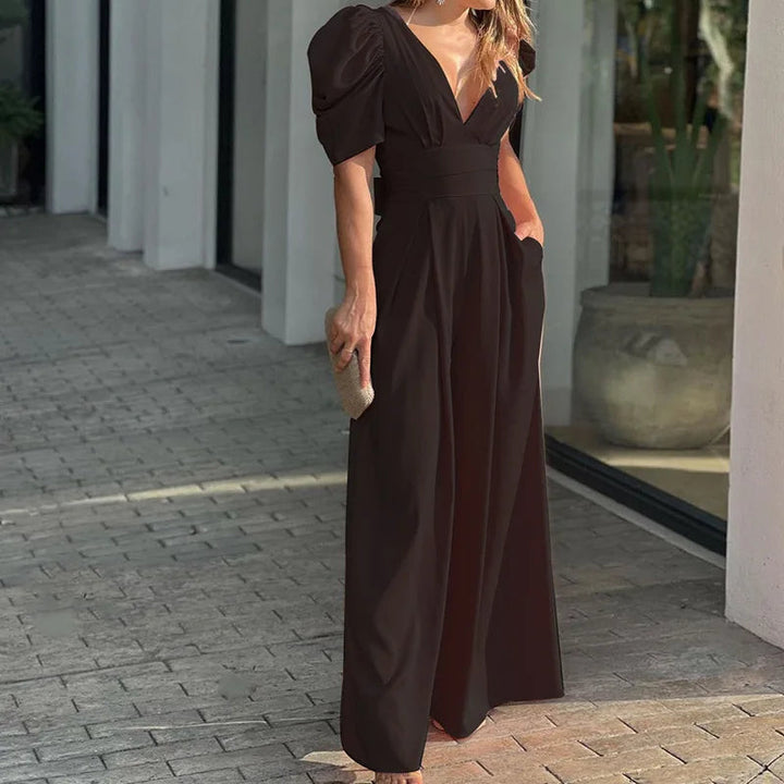 Women's Jumpsuit Polyester Elegant Puff Sleeves Waist Belt Summer Outfit