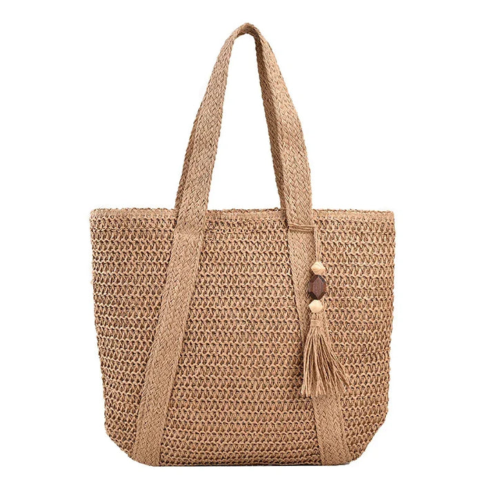 Sac de plage boho pour femmes – Shopper tissé à la main avec pompon et fermeture éclair