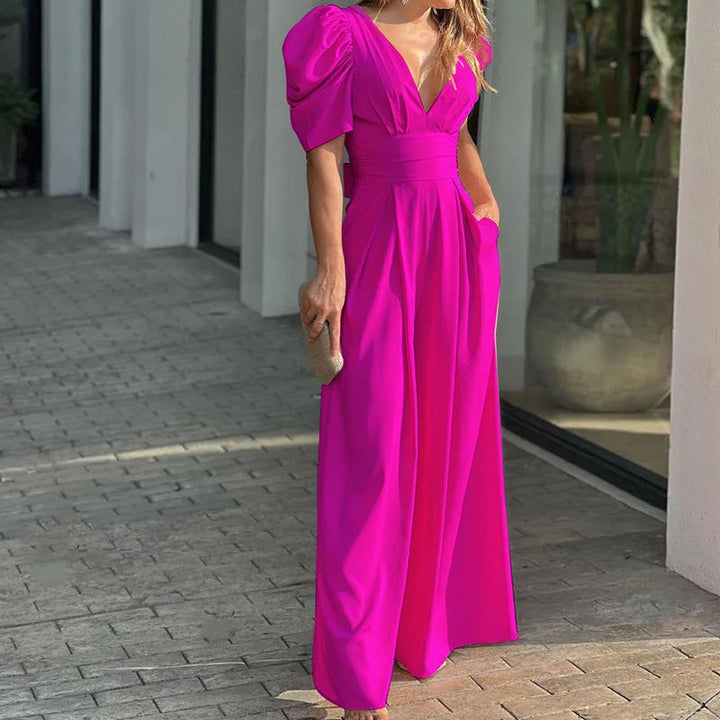 Women's Jumpsuit Polyester Elegant Puff Sleeves Waist Belt Summer Outfit
