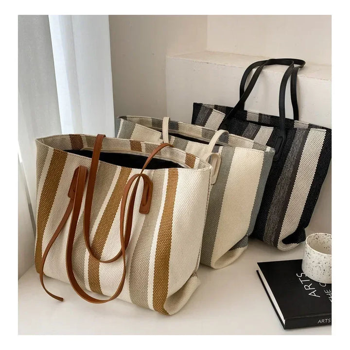 Strohtasche Damen – Große Raffia Strandtasche gestreift mit Reißverschluss