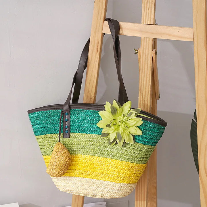 Large Straw Bag Women – Handmade Beach Bag with Vegan Leather Straps