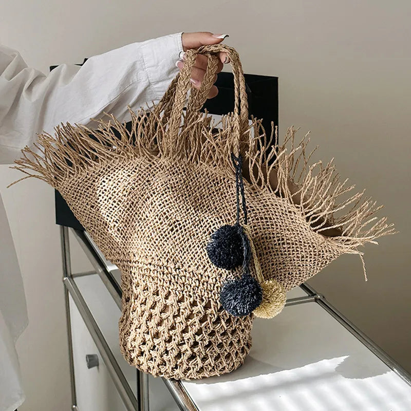 Große Strohtasche Damen – Handgefertigte Strandtasche Sommer Shopper