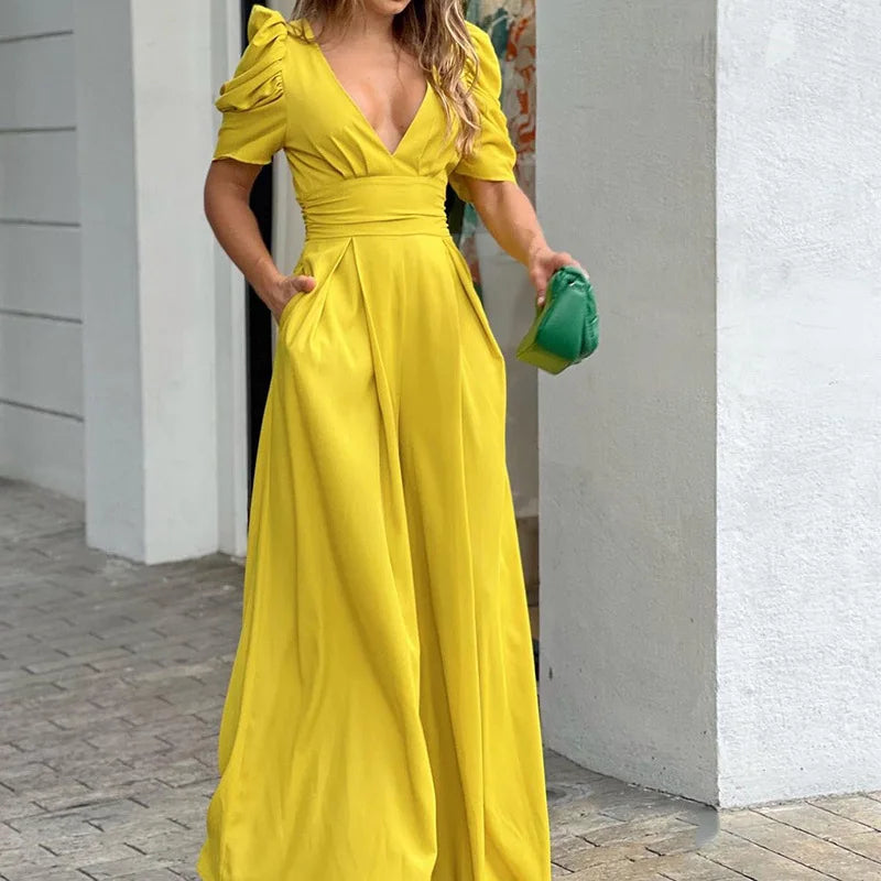 Women's Jumpsuit Polyester Elegant Puff Sleeves Waist Belt Summer Outfit