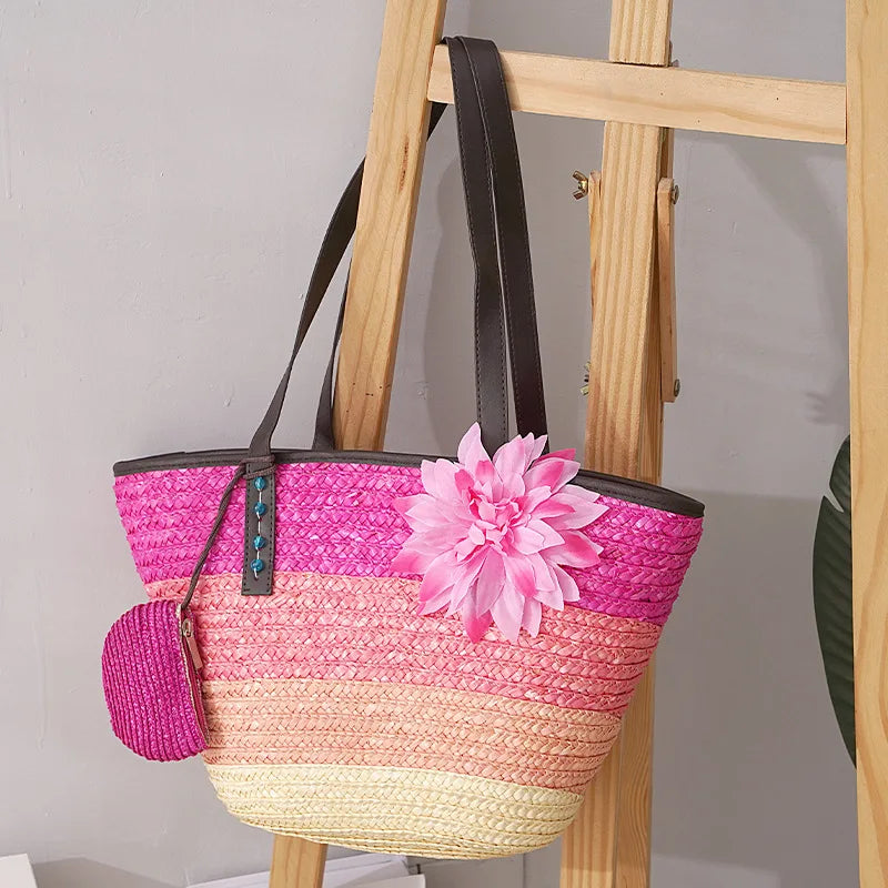 Large Straw Bag Women – Handmade Beach Bag with Vegan Leather Straps