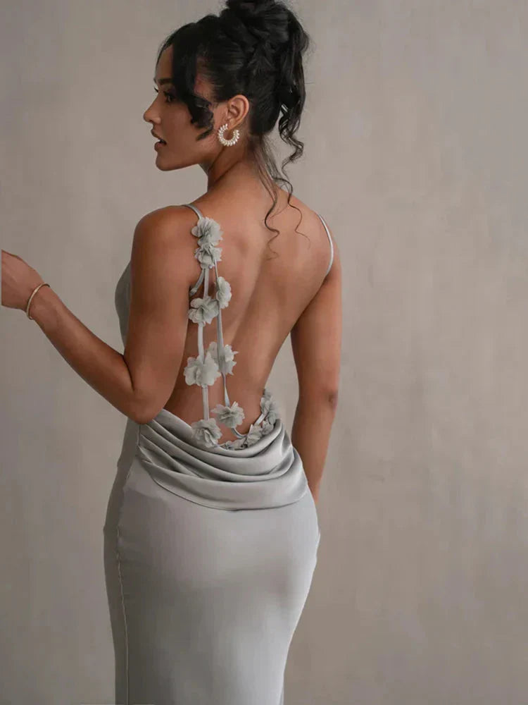 Elegant satin maxi dress with flower patchwork – summer party & evening