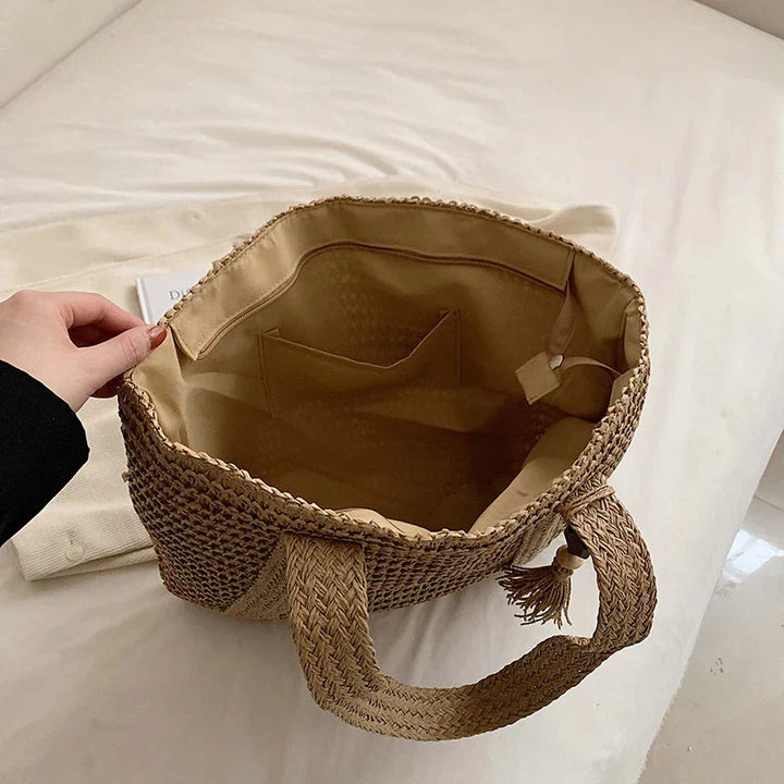 Sac de plage boho pour femmes – Shopper tissé à la main avec pompon et fermeture éclair