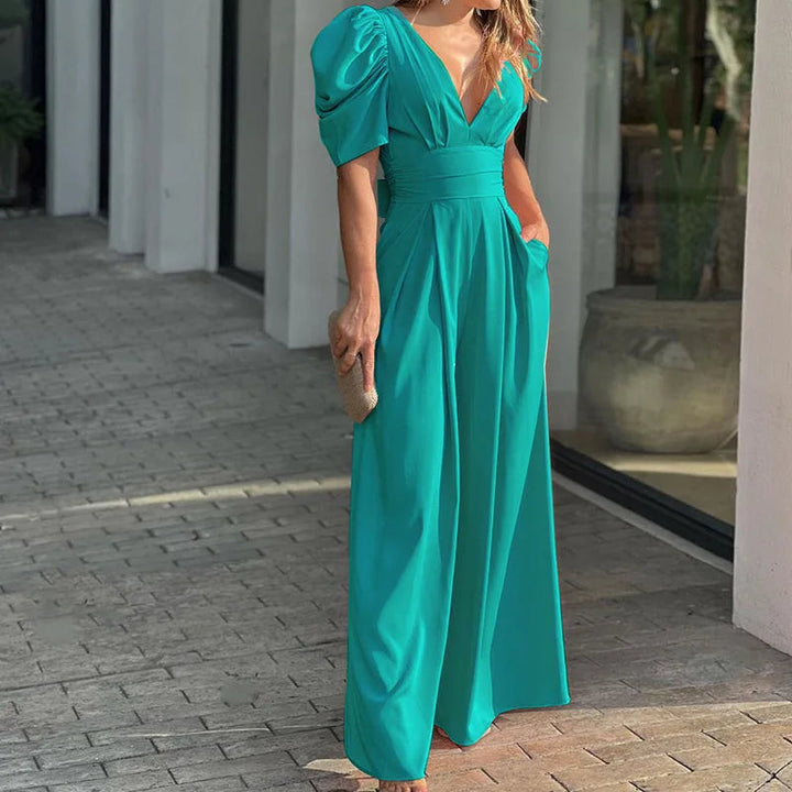 Women's Jumpsuit Polyester Elegant Puff Sleeves Waist Belt Summer Outfit