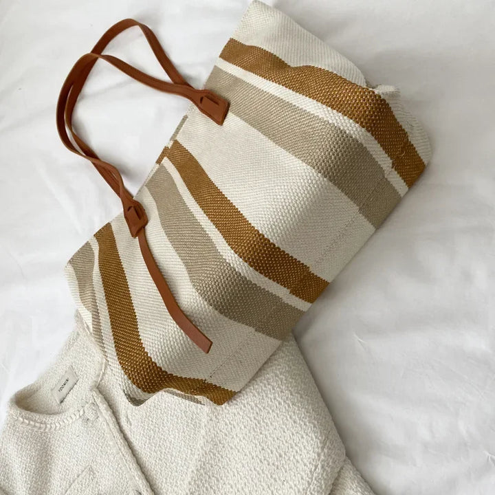 Strohtasche Damen – Große Raffia Strandtasche gestreift mit Reißverschluss