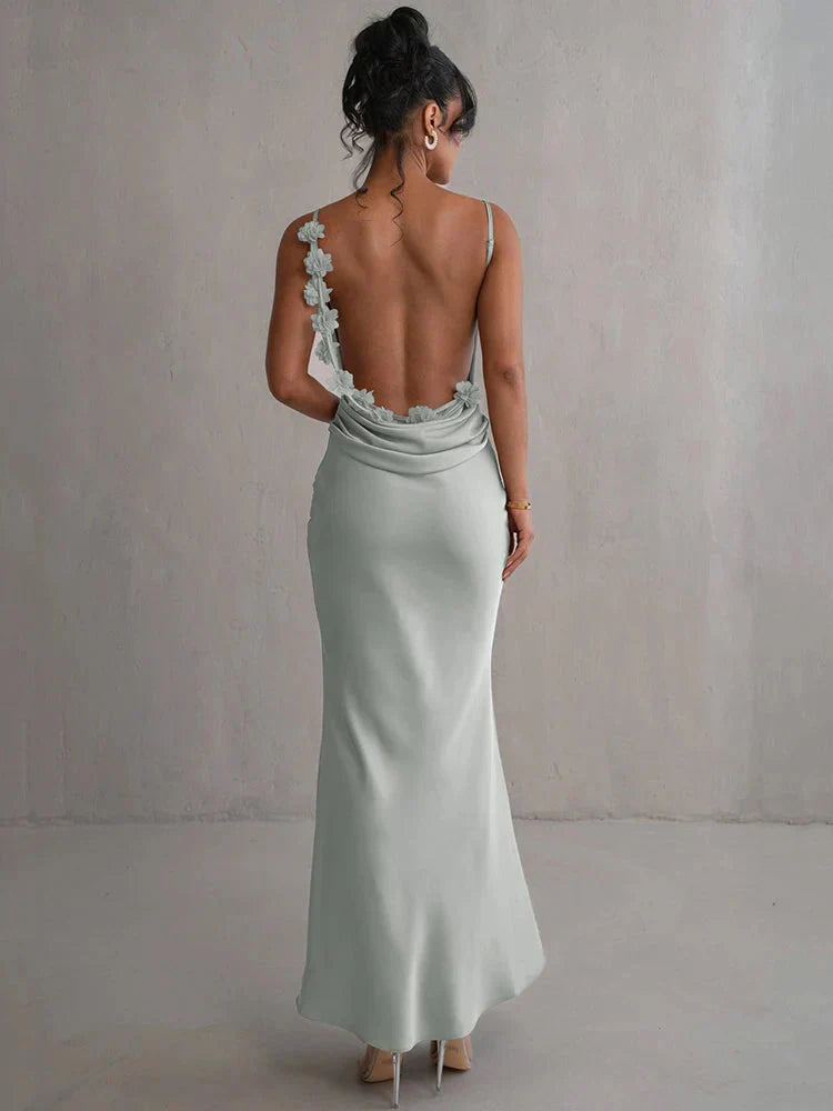 Elegant satin maxi dress with flower patchwork – summer party & evening