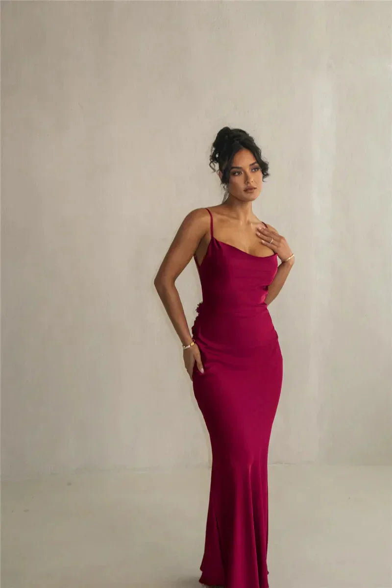 Elegant satin maxi dress with flower patchwork – summer party & evening