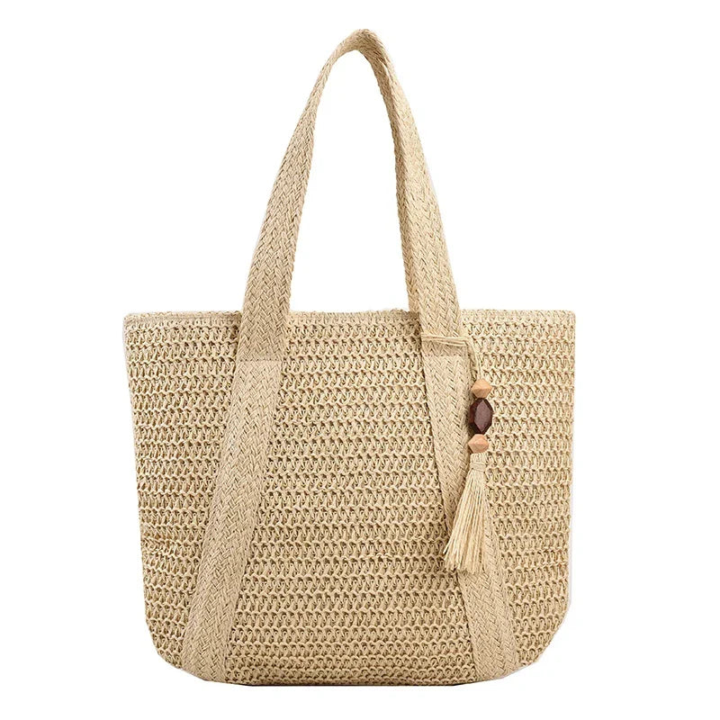 Sac de plage boho pour femmes – Shopper tissé à la main avec pompon et fermeture éclair