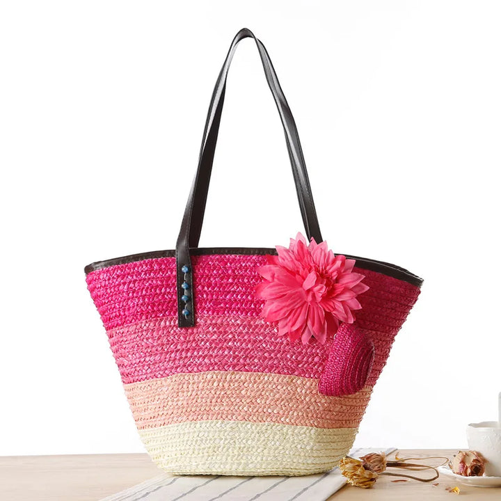 Large Straw Bag Women – Handmade Beach Bag with Vegan Leather Straps