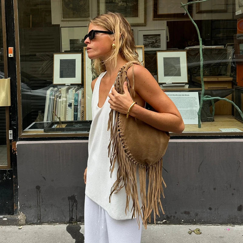 Sac de plage Strohtasche – Grande sac en cuir vegan avec des franges