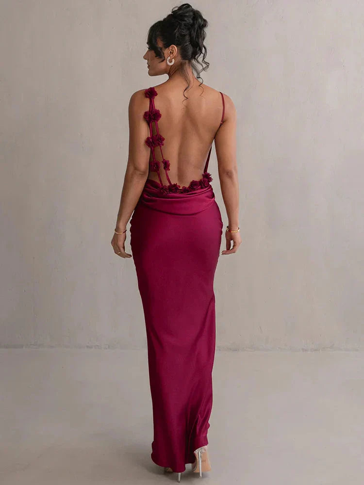 Elegant satin maxi dress with flower patchwork – summer party & evening