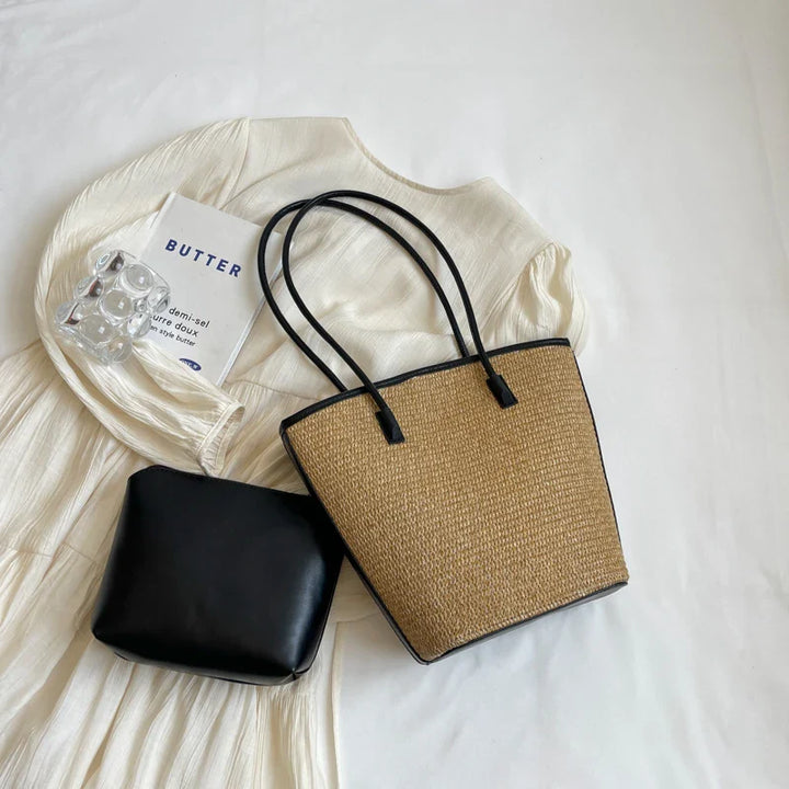 Strohtasche Damen – Handgefertigte Strandtasche mit Ledergriffen & Reißverschluss