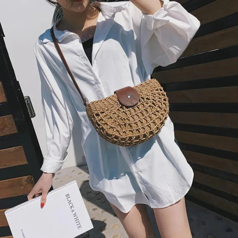 Sac en paille tressée – Poignée en cuir vegan, sac d'été