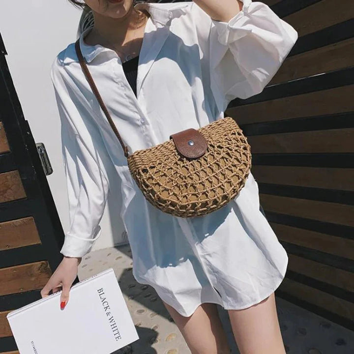 Sac en paille tressée – Poignée en cuir vegan, sac d'été