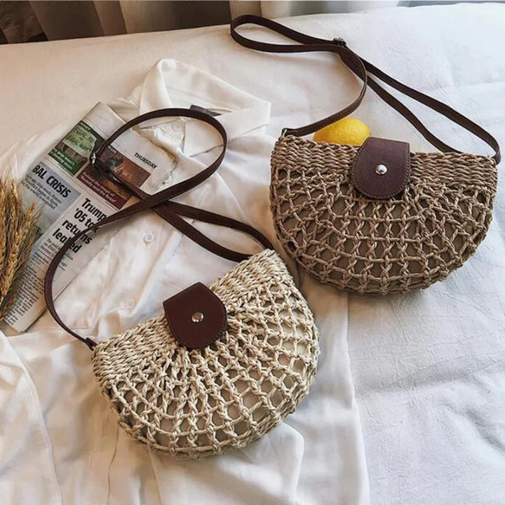 Sac en paille tressée – Poignée en cuir vegan, sac d'été