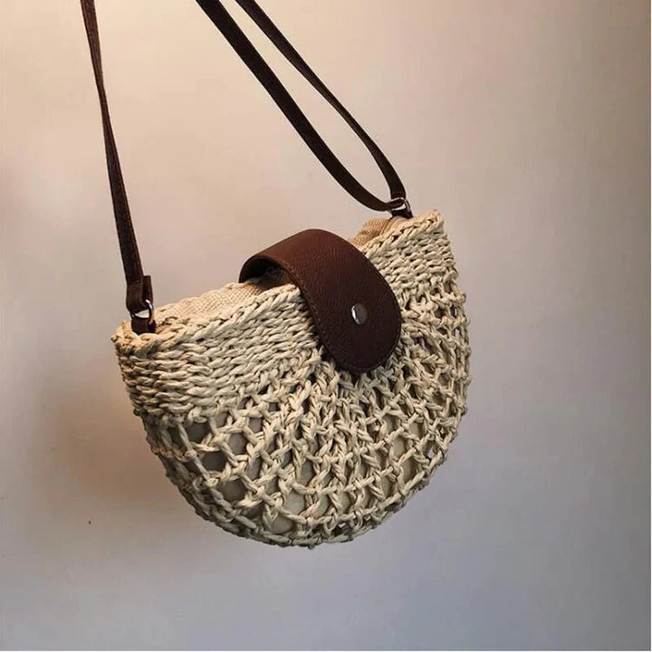 Sac en paille tressée – Poignée en cuir vegan, sac d'été
