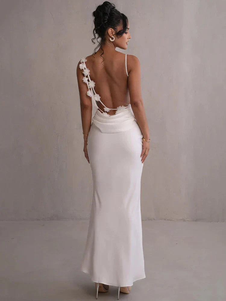 Elegant satin maxi dress with flower patchwork – summer party & evening