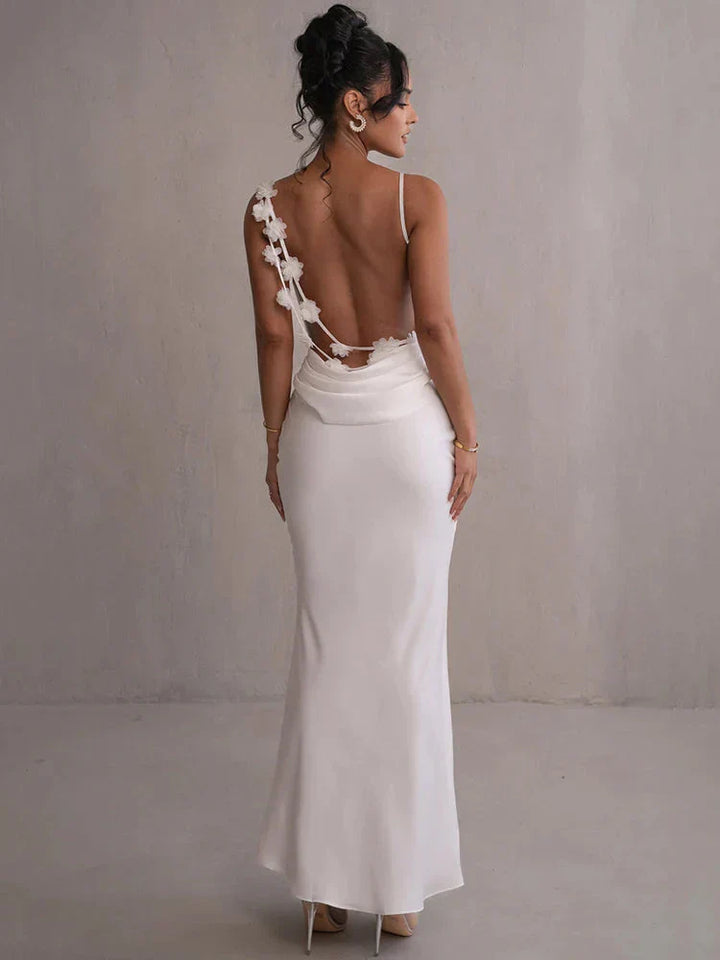 Elegant satin maxi dress with flower patchwork – summer party & evening