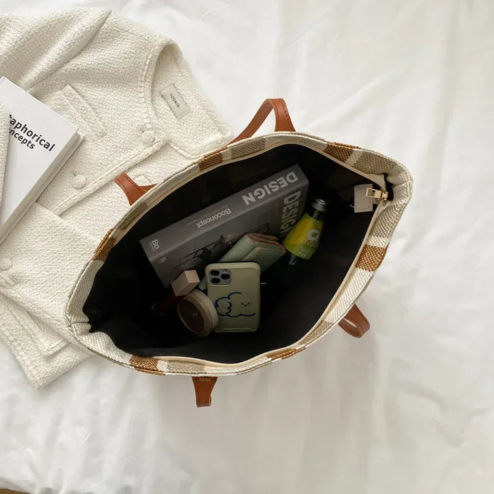 Strohtasche Damen – Große Raffia Strandtasche gestreift mit Reißverschluss
