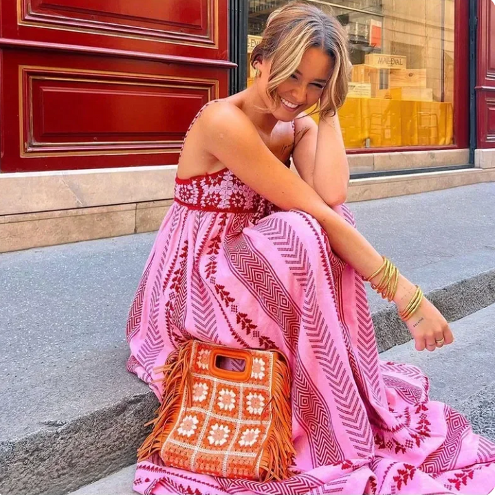 Maxi summer dress made of viscose – A-line, floral pattern, boho style