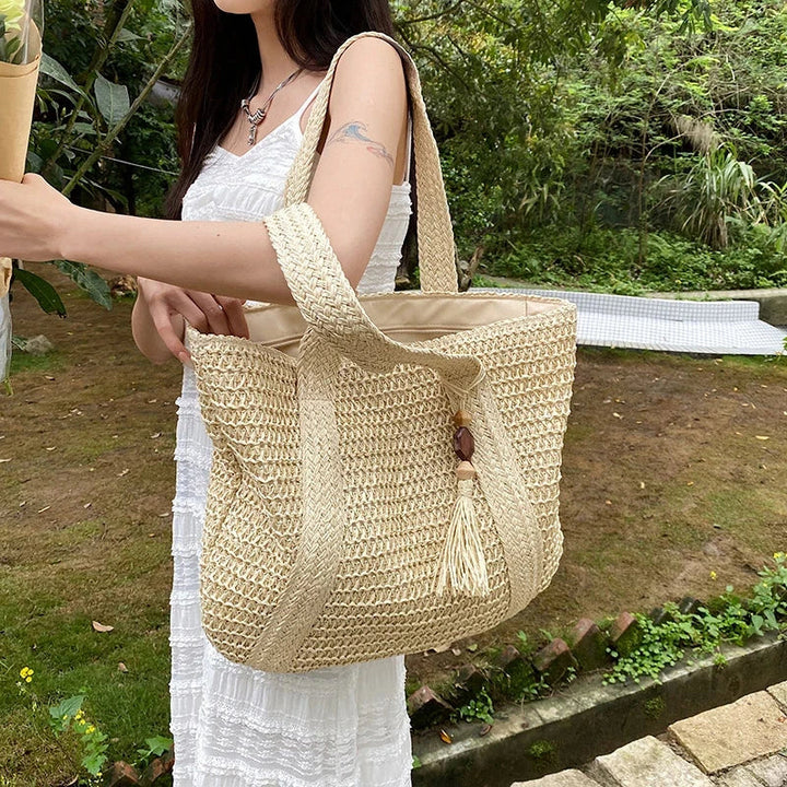 Sac de plage boho pour femmes – Shopper tissé à la main avec pompon et fermeture éclair