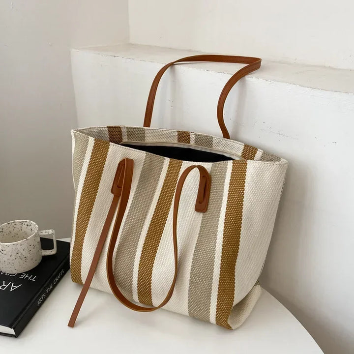 Strohtasche Damen – Große Raffia Strandtasche gestreift mit Reißverschluss