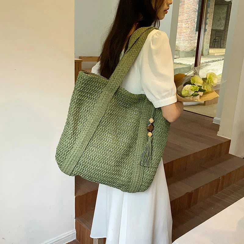 Sac de plage boho pour femmes – Shopper tissé à la main avec pompon et fermeture éclair