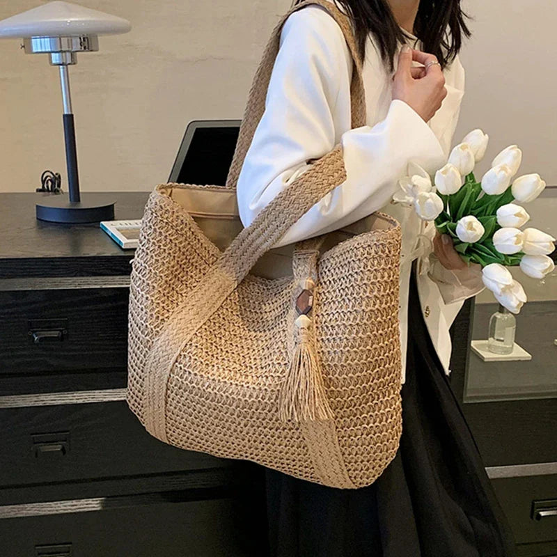 Sac de plage boho pour femmes – Shopper tissé à la main avec pompon et fermeture éclair