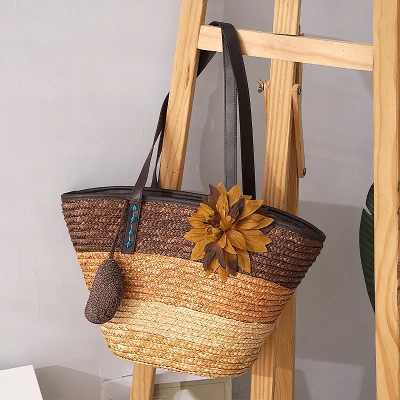 Large Straw Bag Women – Handmade Beach Bag with Vegan Leather Straps