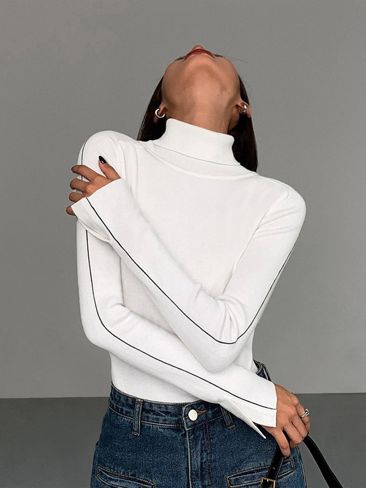Stylischer Rollkragenpullover Damen mit Kontrastpiping aus Hochwertiger Materialmischung